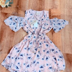 Moon River Pink Floral Cold-Shoulder Dress with Blue Accents